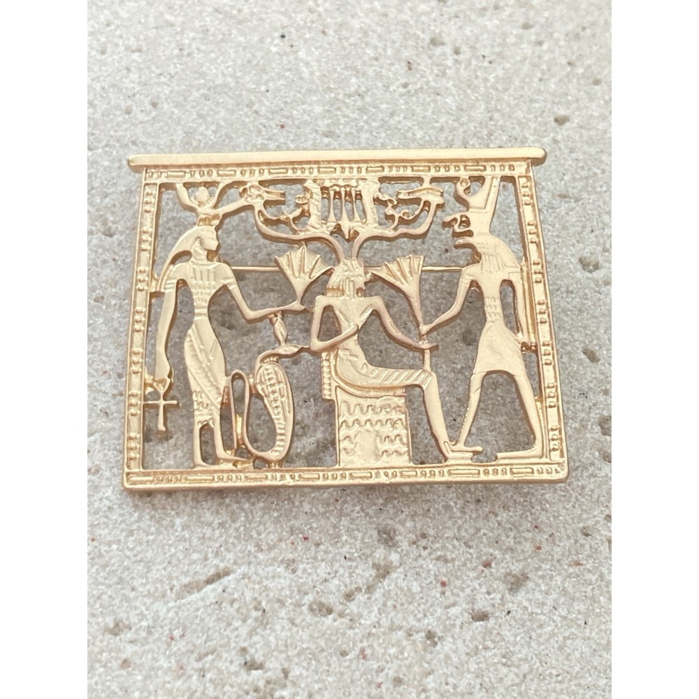 Egyptian Revival Brooch Gold Tone Pharaoh Goddess Scene Matte Hieroglyphic